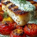 Flaky grilled cod fillet topped with roasted cherry tomatoes and a drizzle of creamy green dill sauce on a white plate.