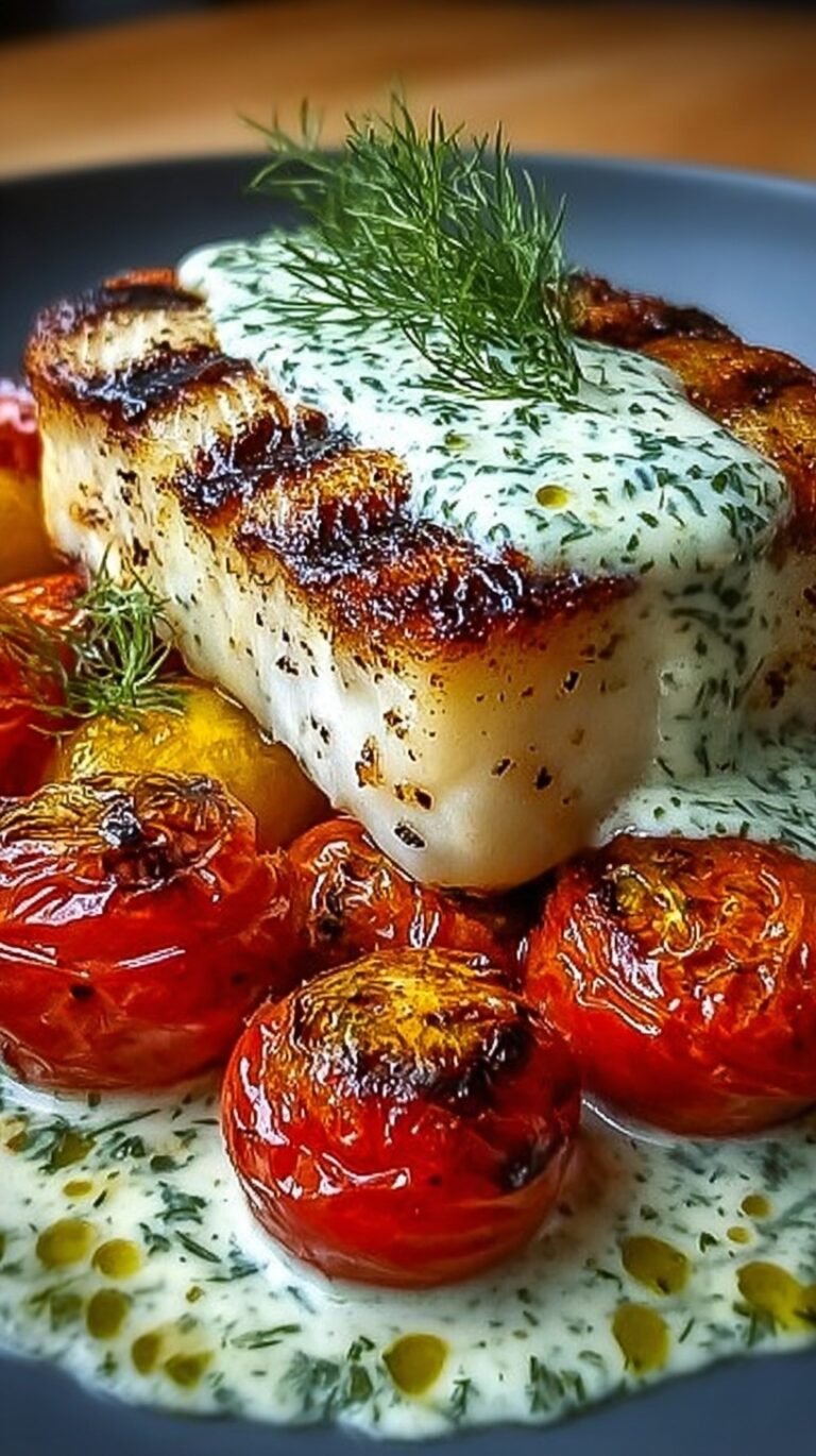 Flaky grilled cod fillet topped with roasted cherry tomatoes and a drizzle of creamy green dill sauce on a white plate.