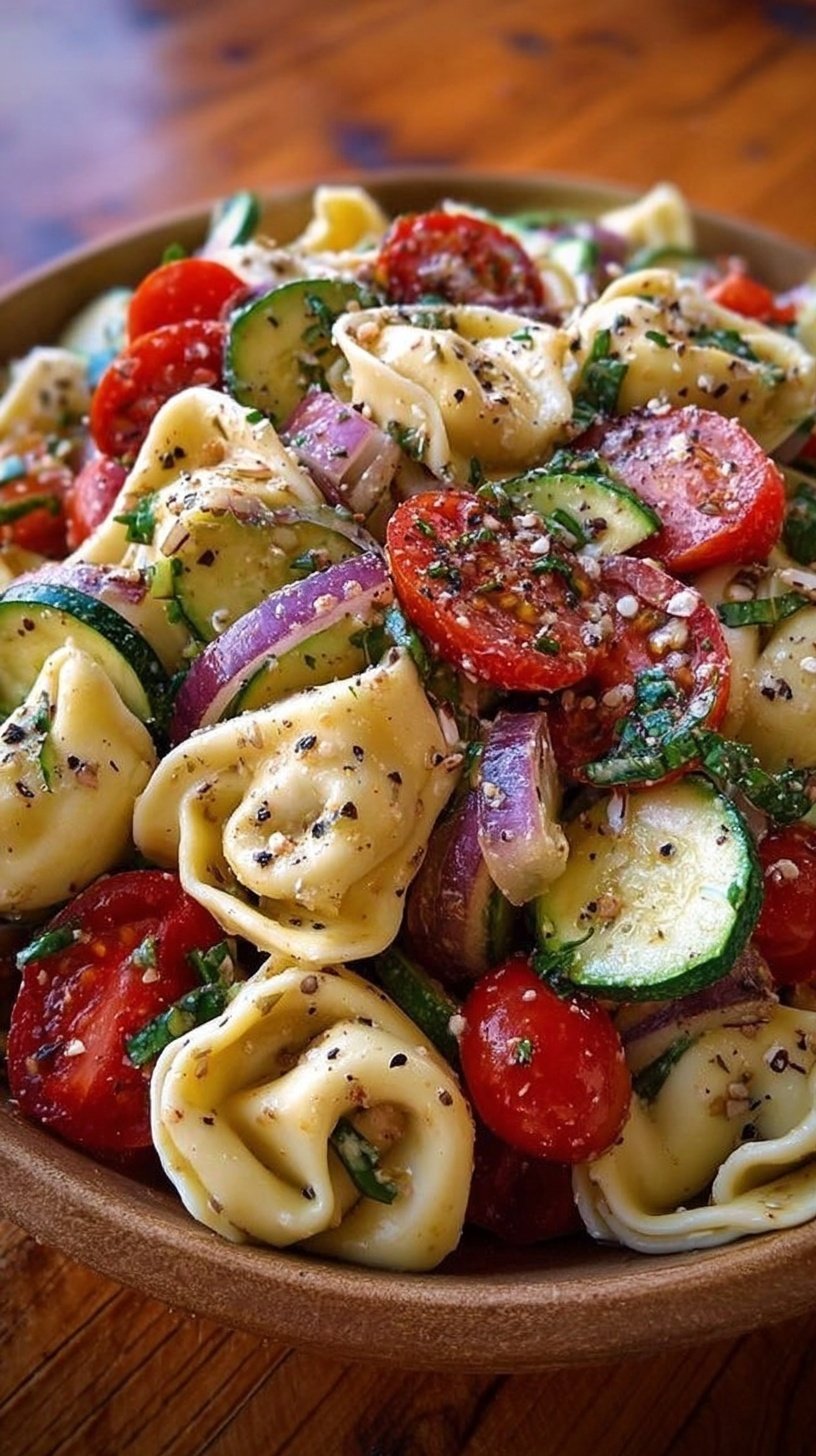 A colorful tortellini pasta salad with cherry tomatoes, cucumbers, and feta cheese in a glass bowl