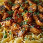A skillet filled with creamy penne pasta and golden Cajun chicken topped with parsley.