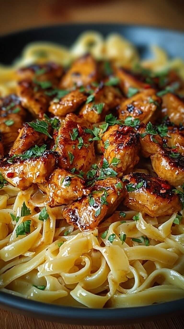 A skillet filled with creamy penne pasta and golden Cajun chicken topped with parsley.