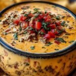 A bowl of warm, creamy cheese dip with tomatoes and jalapeños served with tortilla chips.