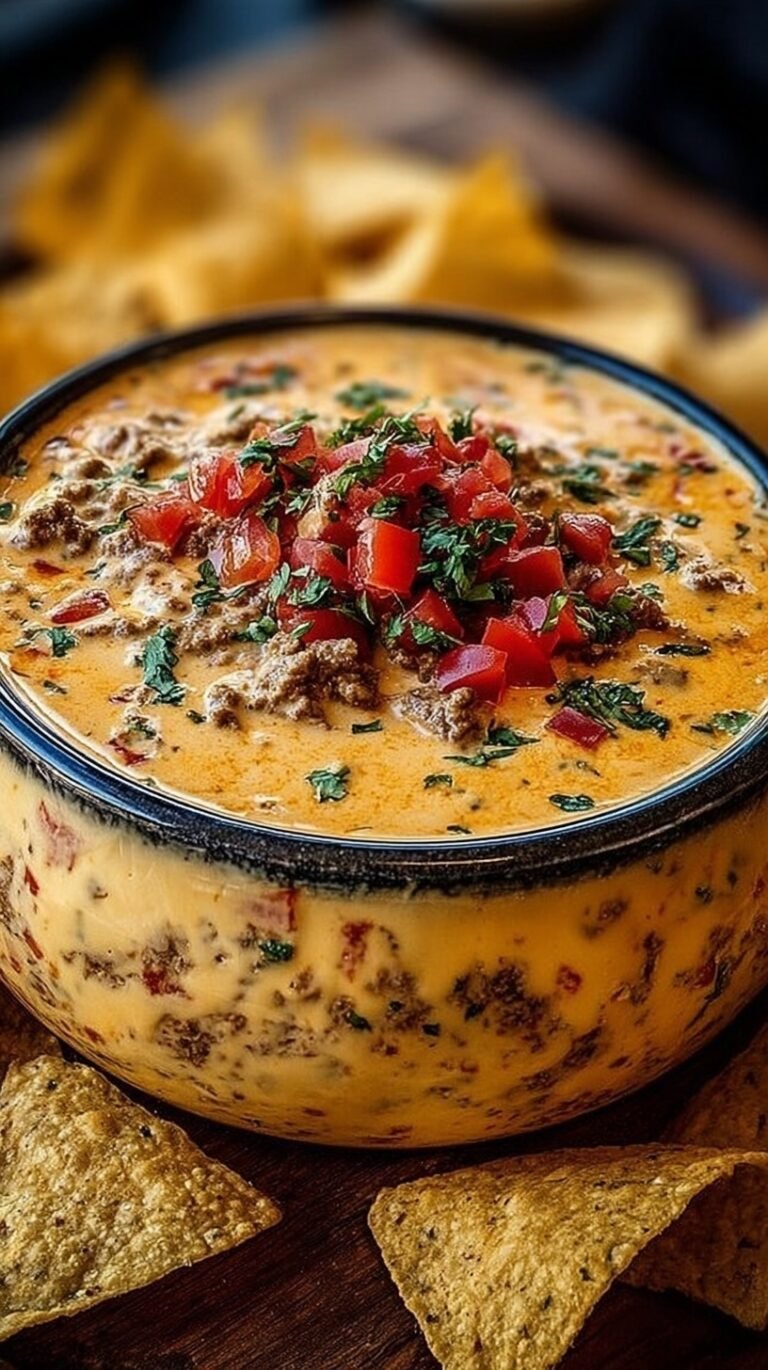 A bowl of warm, creamy cheese dip with tomatoes and jalapeños served with tortilla chips.