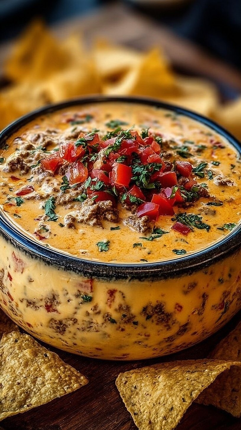 A bowl of warm, creamy cheese dip with tomatoes and jalapeños served with tortilla chips.