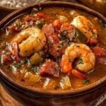 A deep bowl of dark seafood gumbo served over white rice with green onion garnish