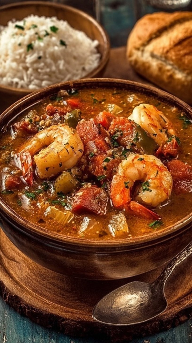 A deep bowl of dark seafood gumbo served over white rice with green onion garnish