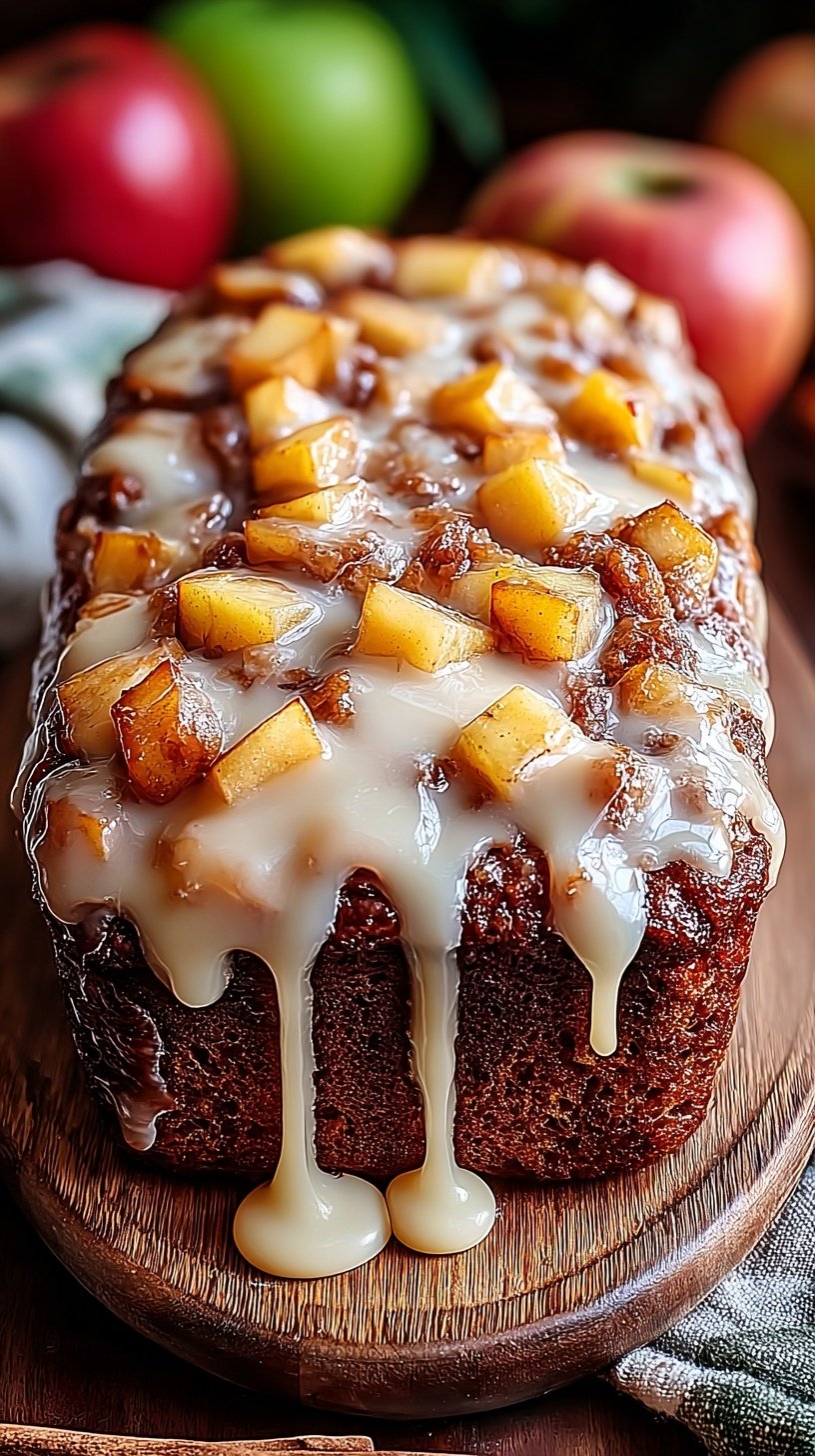 A sliced loaf of Amish Apple Fritter Bread with cinnamon sugar swirls and a white sugar glaze.