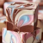 A close up of chocolate fudge with white marshmallow swirls on parchment paper.
