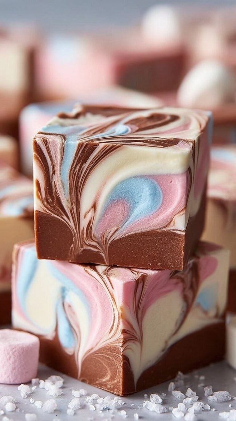 A close up of chocolate fudge with white marshmallow swirls on parchment paper.