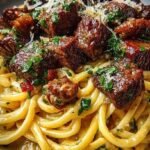 A plate of savory beef linguine with seared steak strips and fresh parsley in a garlic butter sauce.