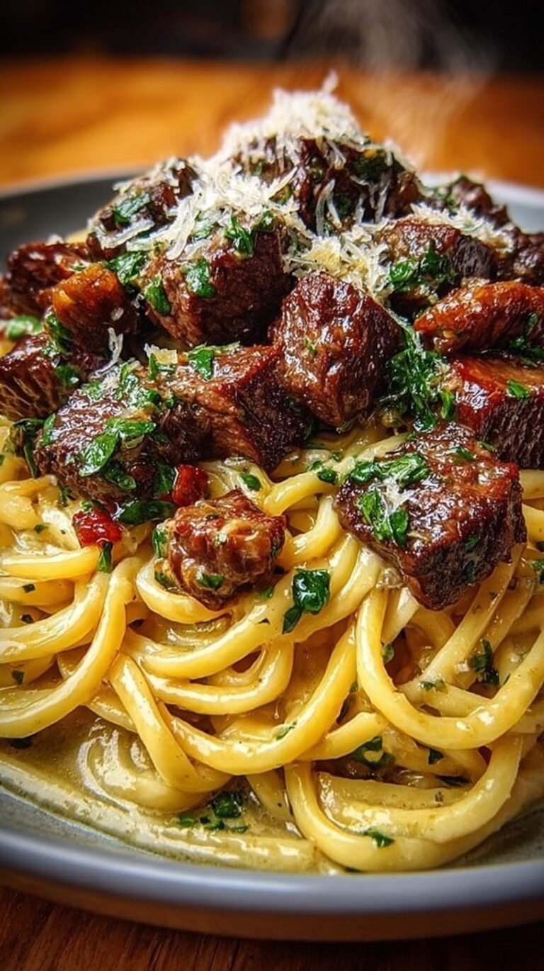 A plate of savory beef linguine with seared steak strips and fresh parsley in a garlic butter sauce.