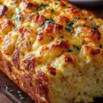 A golden brown Cheddar Bay Biscuit Loaf topped with garlic herb butter on a wooden board.