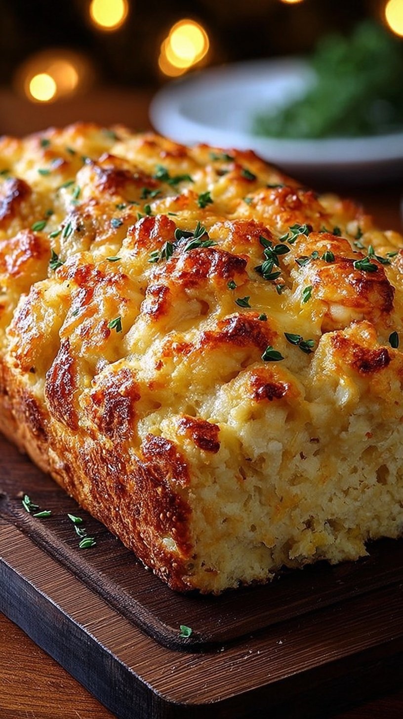 A golden brown Cheddar Bay Biscuit Loaf topped with garlic herb butter on a wooden board.