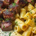 A bowl of rigatoni pasta in white cheese sauce topped with seared steak bites and parsley.