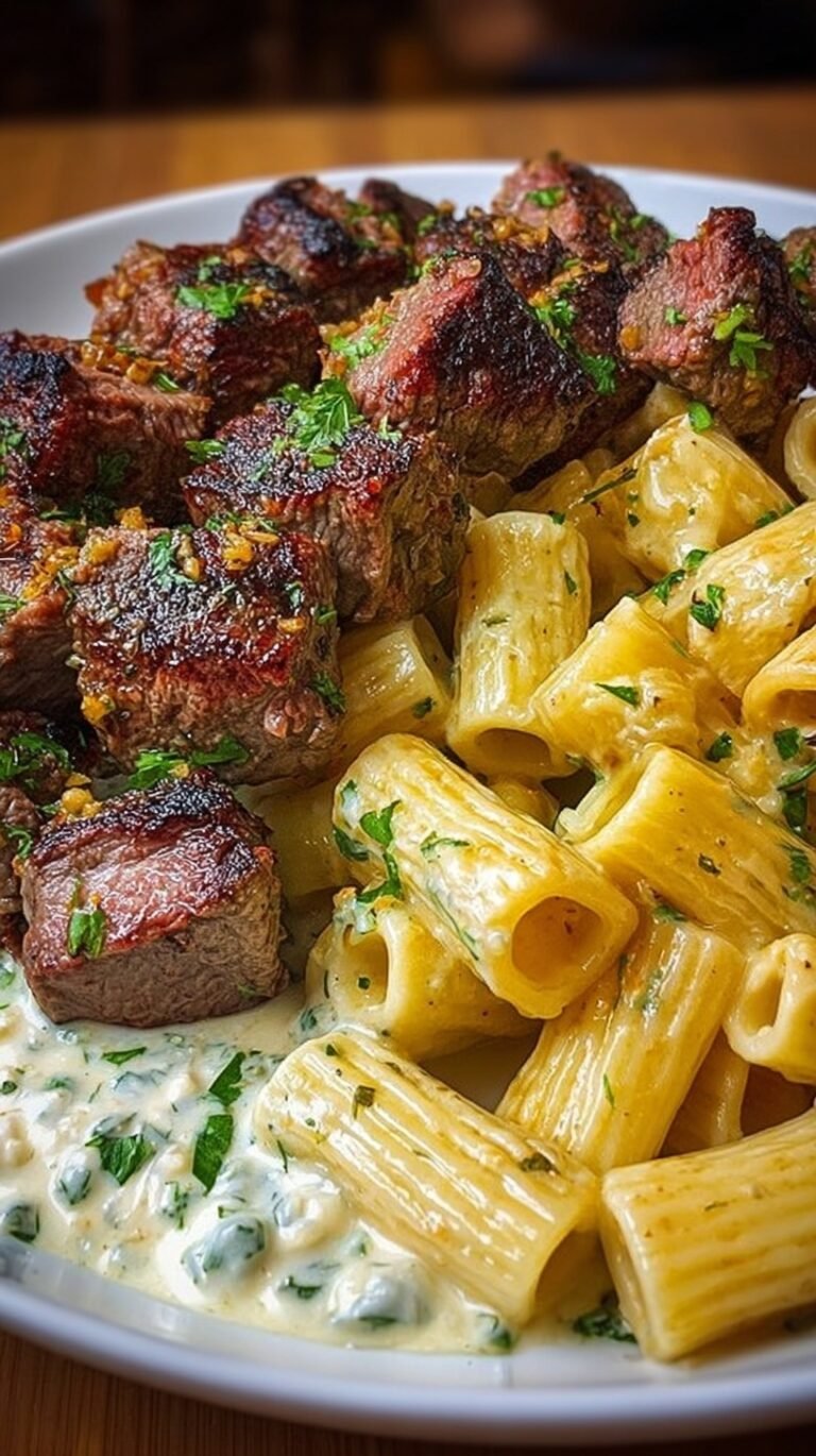 A bowl of rigatoni pasta in white cheese sauce topped with seared steak bites and parsley.