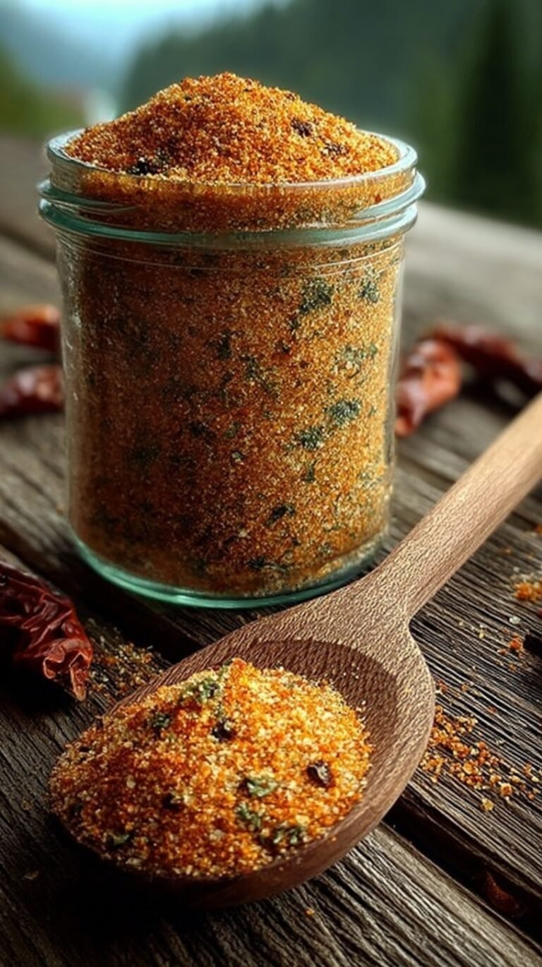 A glass jar filled with a vibrant red and black Homemade Cajun Seasoning blend on a wooden kitchen counter.