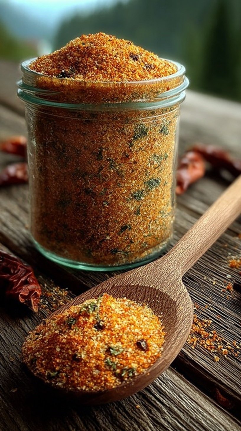 A glass jar filled with a vibrant red and black Homemade Cajun Seasoning blend on a wooden kitchen counter.