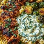 Creamy Cajun chicken Alfredo topped with spicy honey and crispy brussels sprout leaves