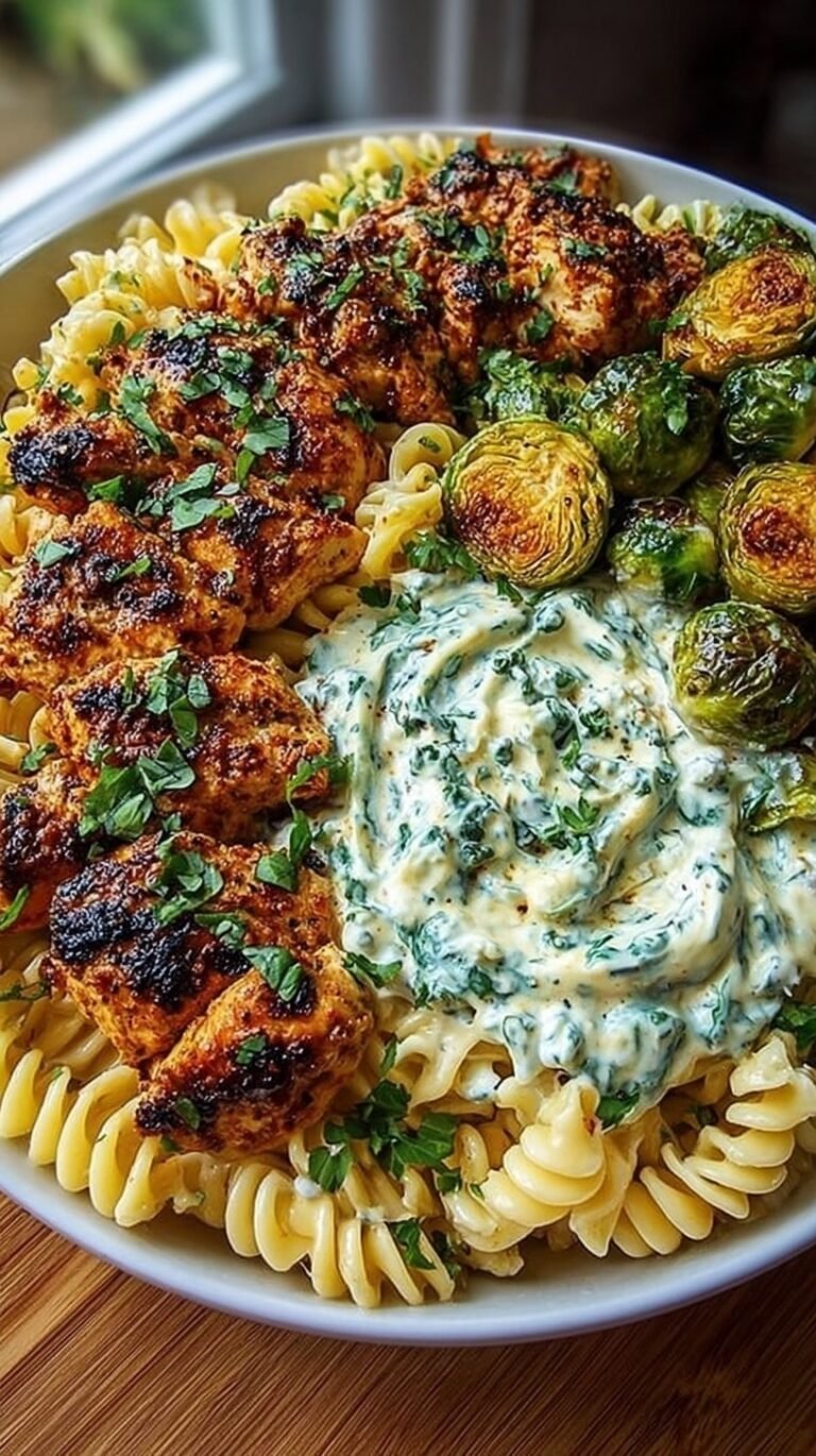 Creamy Cajun chicken Alfredo topped with spicy honey and crispy brussels sprout leaves