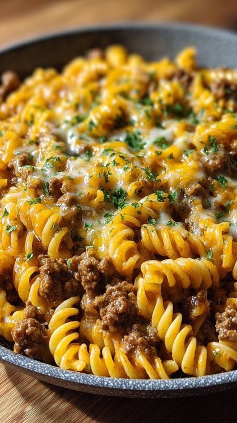 A close up shot of cheesy rotini pasta with ground beef in a garlic butter sauce