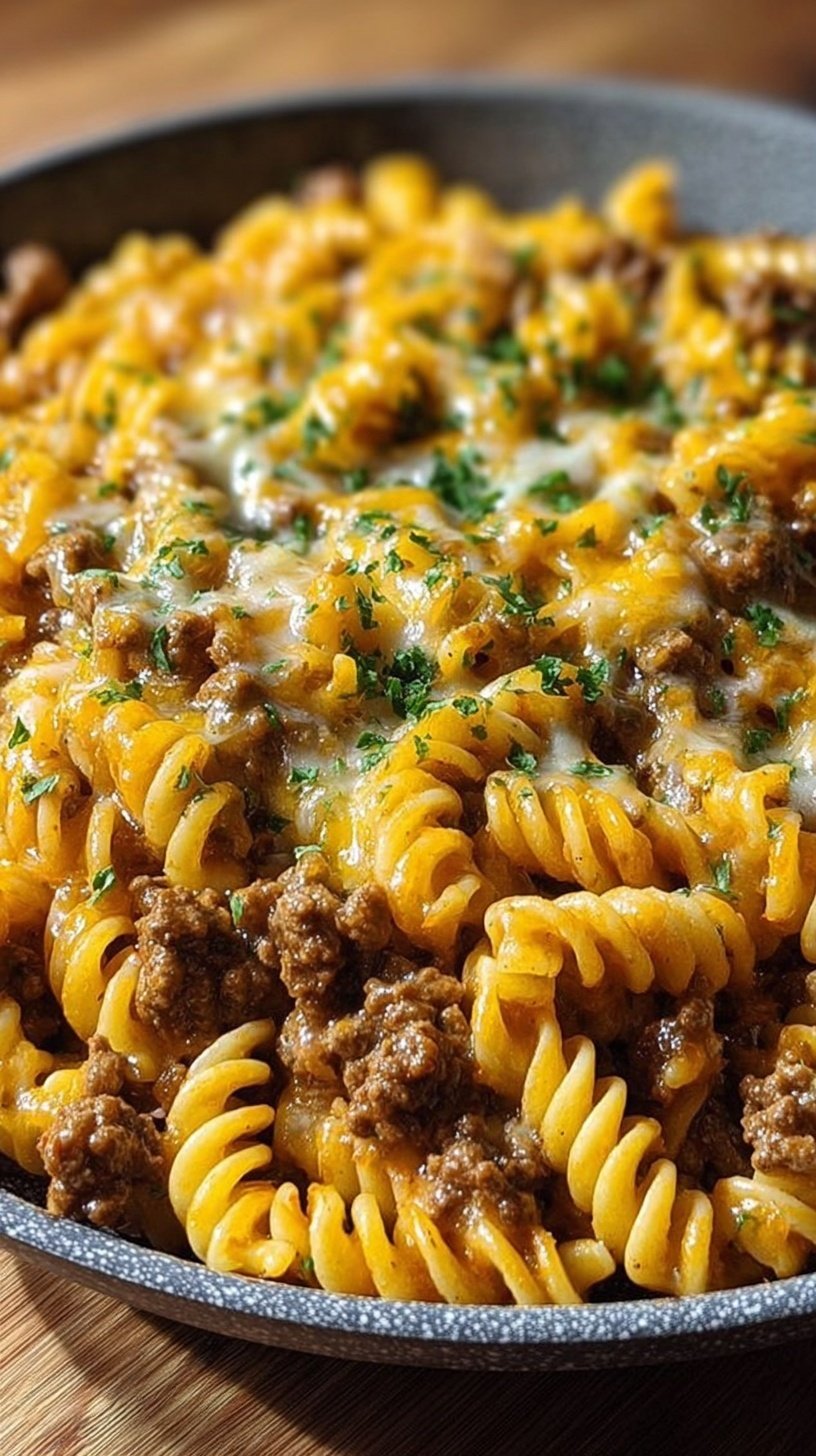 A close up shot of cheesy rotini pasta with ground beef in a garlic butter sauce