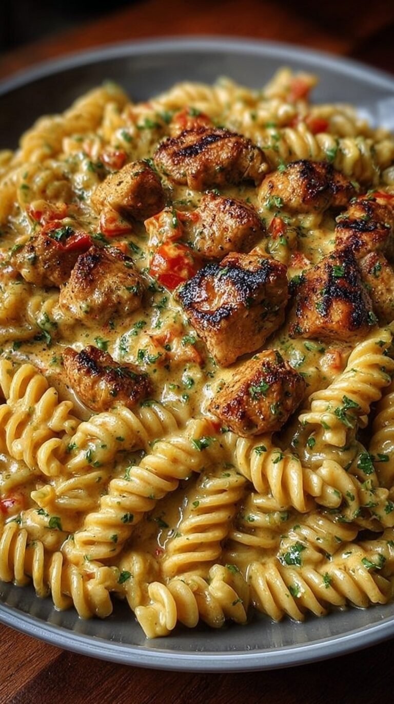 A bowl of creamy Cajun chicken rotini topped with melted mozzarella and fresh parsley