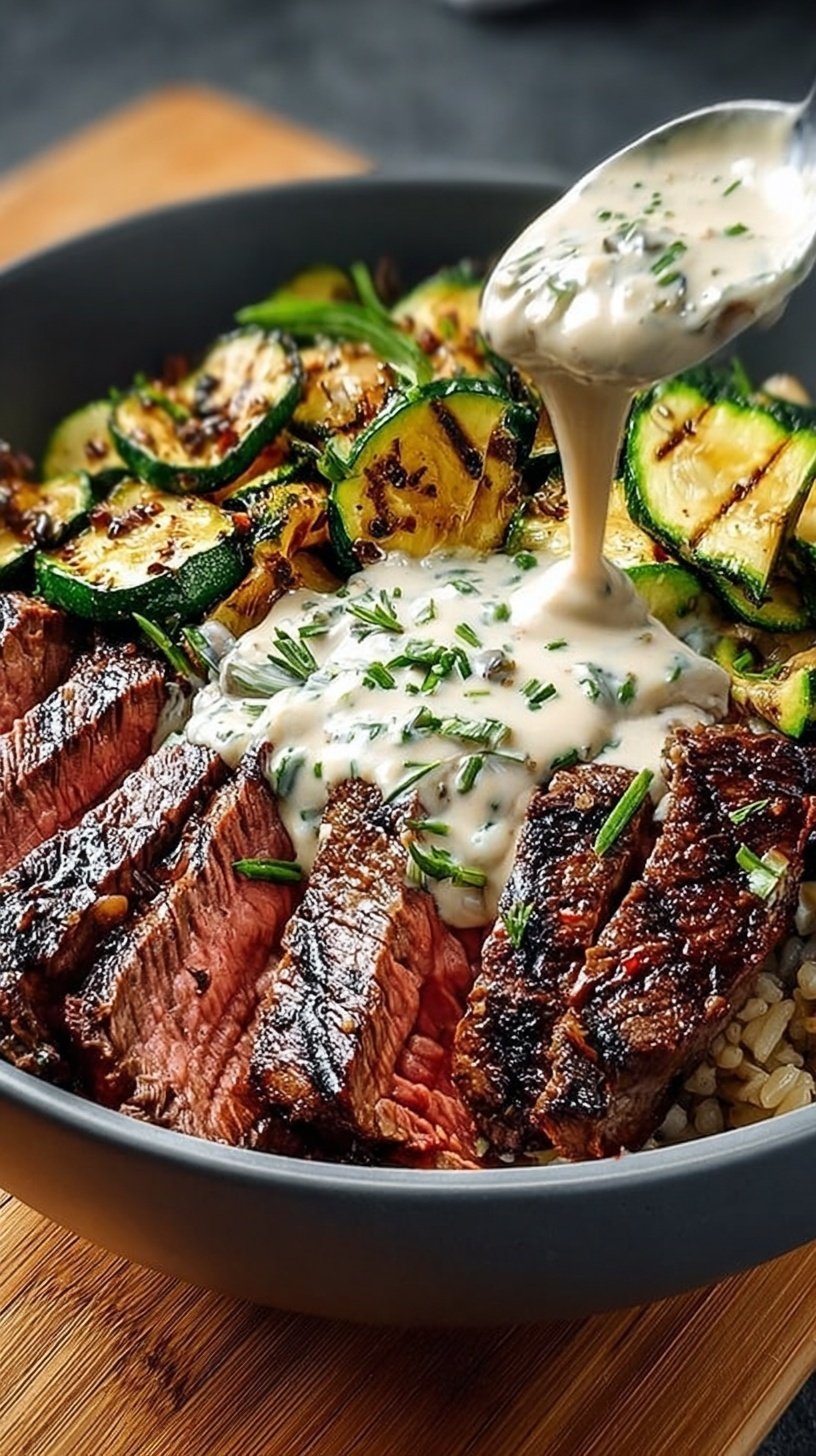 A colorful grilled steak bowl with charred zucchini and creamy sauce over white rice.