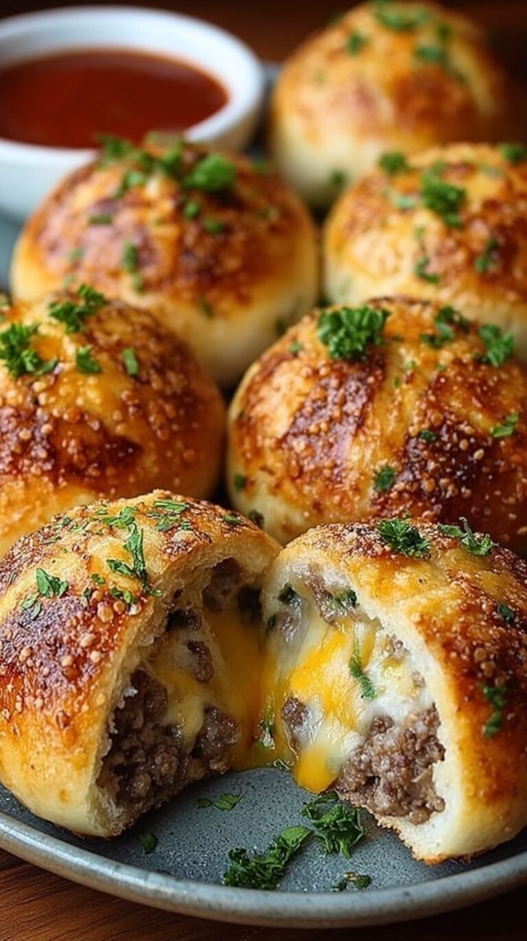 Golden brown biscuit dough balls stuffed with ground beef and melted cheese, brushed with garlic parmesan butter.