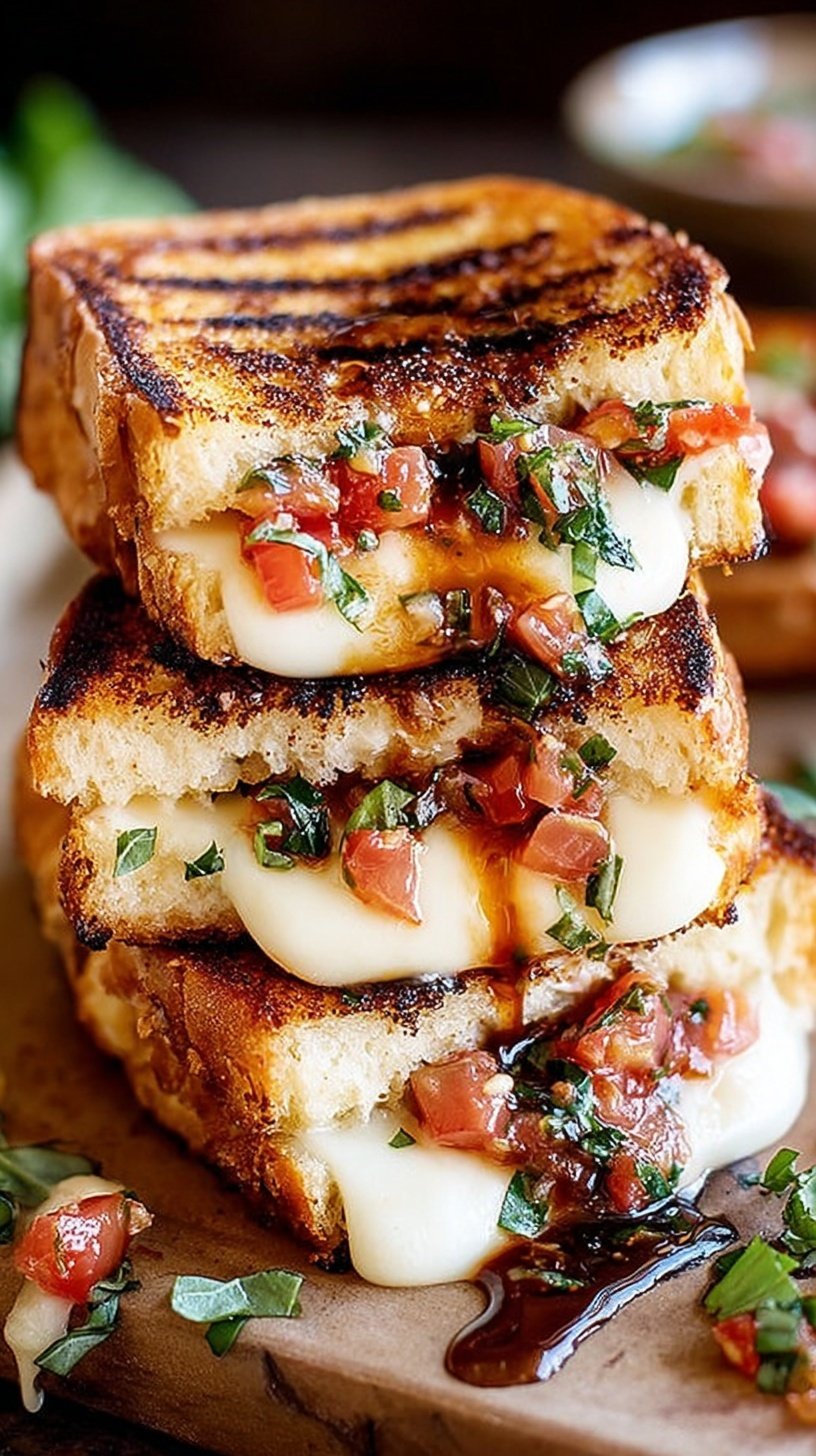 A golden brown sourdough grilled cheese sandwich pulled apart to show melted mozzarella and fresh tomato bruschetta filling.