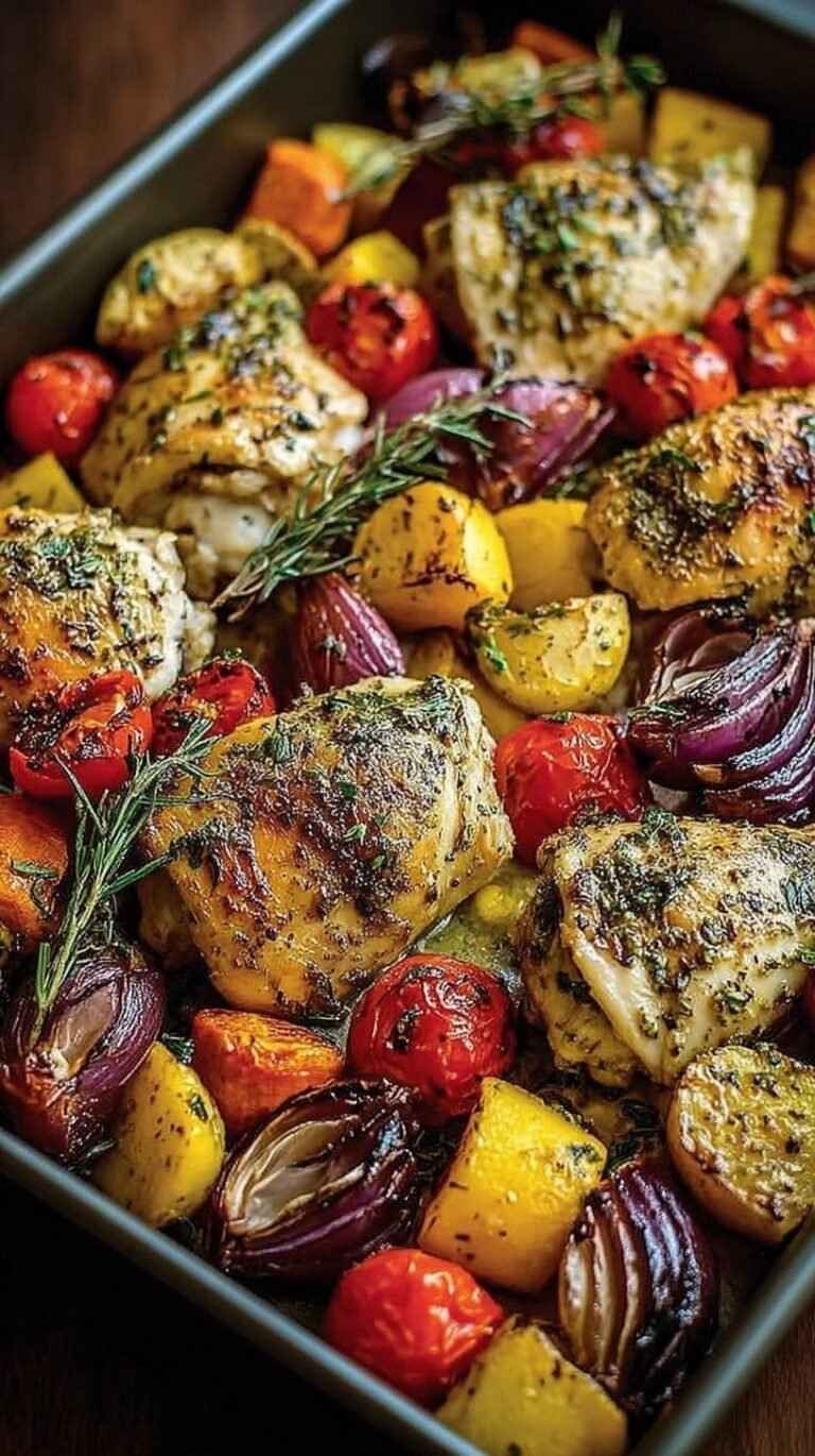 A sheet pan filled with roasted herb chicken, broccoli, red peppers, and zucchini garnished with parmesan.