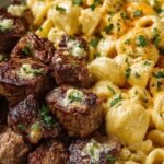 Seared garlic butter steak bites served over creamy cheddar cheese pasta shells with bacon and chives