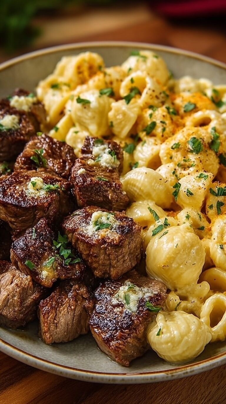 Seared garlic butter steak bites served over creamy cheddar cheese pasta shells with bacon and chives