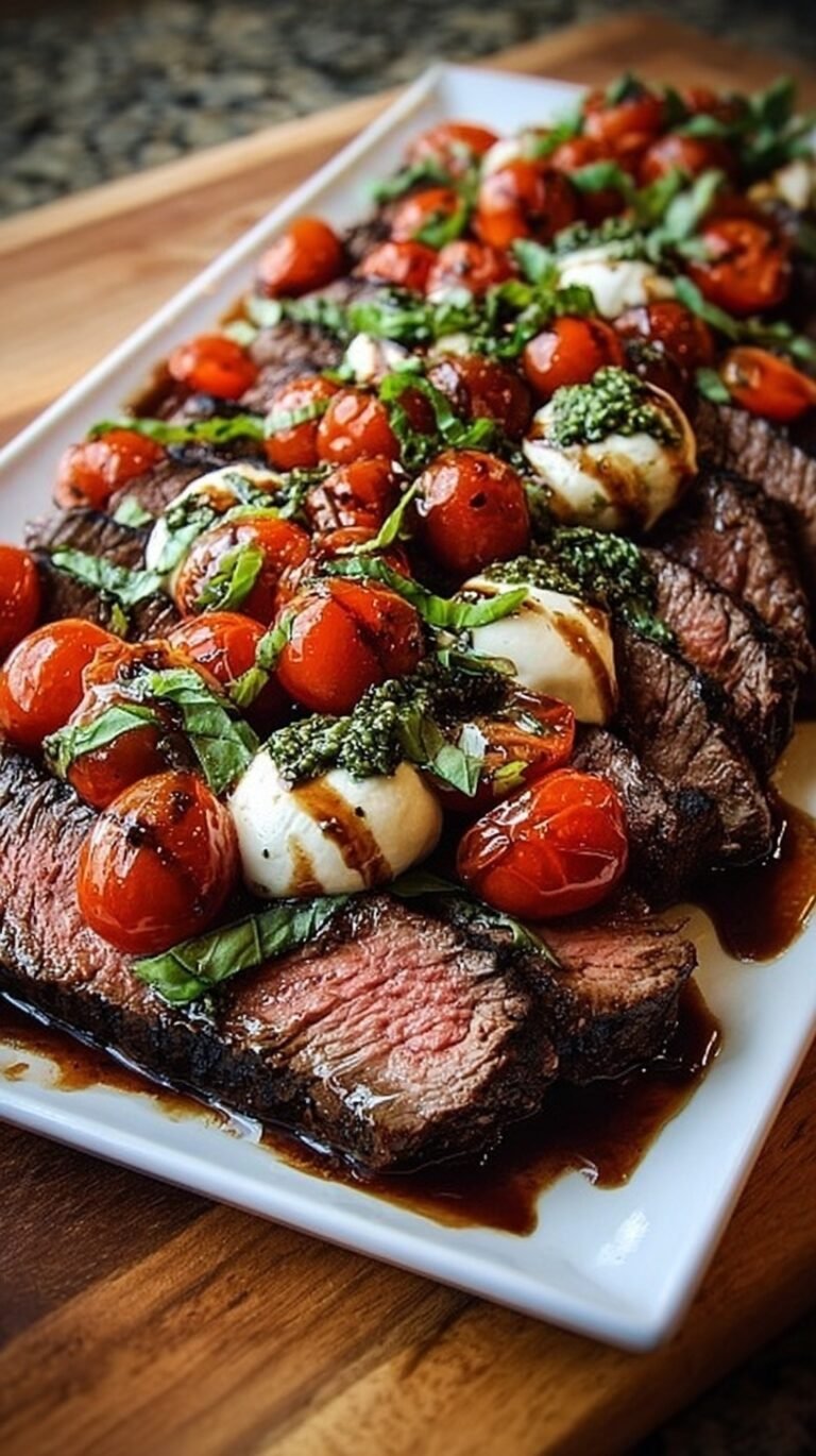 Grilled flank steak topped with fresh mozzarella, sliced tomatoes, and basil leaves with a balsamic drizzle
