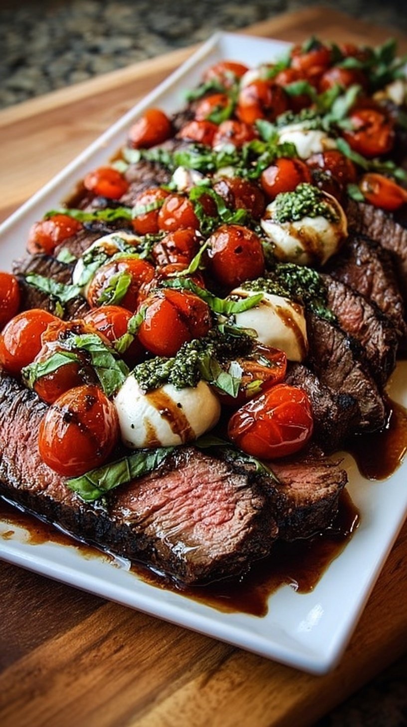 Grilled flank steak topped with fresh mozzarella, sliced tomatoes, and basil leaves with a balsamic drizzle