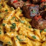 A bowl of penne pasta in a smooth cheese sauce topped with seared Cajun beef cubes