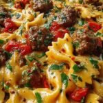 A bowl of creamy Cajun bowtie pasta with browned beef and sliced andouille sausage
