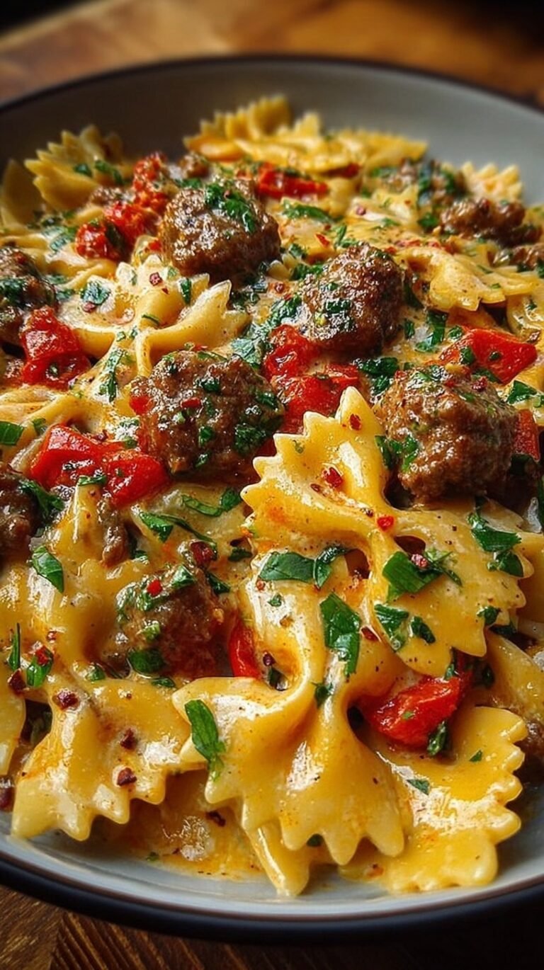 A bowl of creamy Cajun bowtie pasta with browned beef and sliced andouille sausage