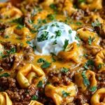 A skillet filled with cheesy beef enchilada tortellini topped with melted cheese and fresh cilantro.