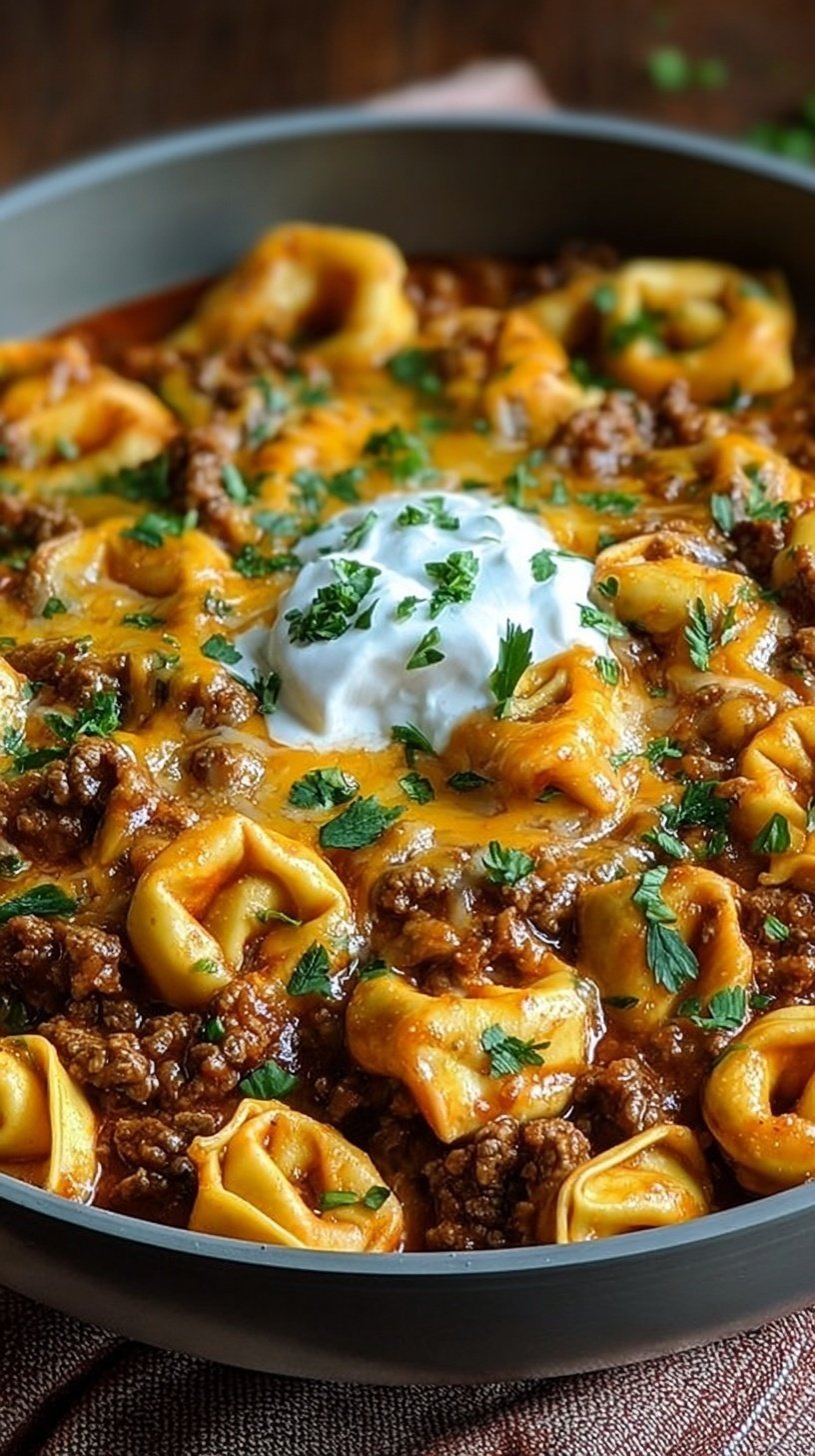 A skillet filled with cheesy beef enchilada tortellini topped with melted cheese and fresh cilantro.