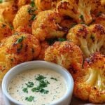 Golden brown crispy baked cauliflower bites on a baking sheet with a small bowl of creamy garlic sauce