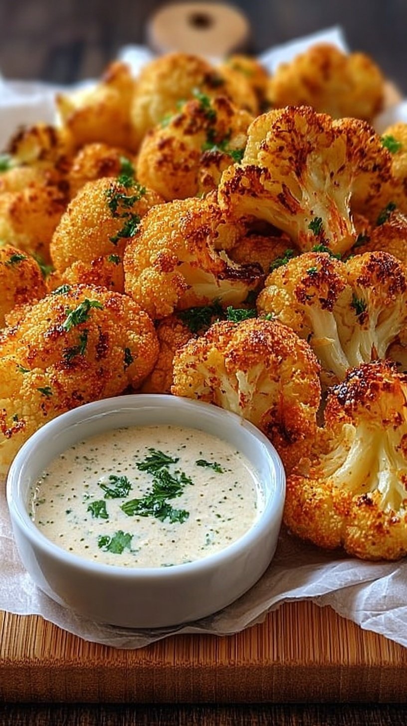 Golden brown crispy baked cauliflower bites on a baking sheet with a small bowl of creamy garlic sauce