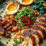 A bowl of creamy garlic chicken ramen with a soft boiled egg and green onions