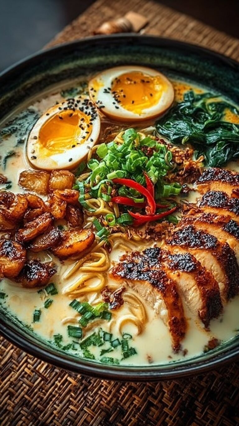 A bowl of creamy garlic chicken ramen with a soft boiled egg and green onions