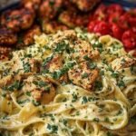 A bowl of creamy fettuccine pasta with golden chicken pieces and garlic cheese sauce