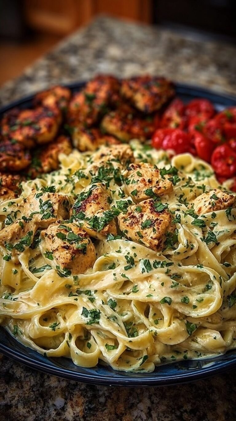 A bowl of creamy fettuccine pasta with golden chicken pieces and garlic cheese sauce