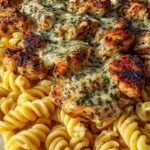 A white bowl filled with creamy garlic parmesan chicken pasta and rotini garnished with fresh parsley