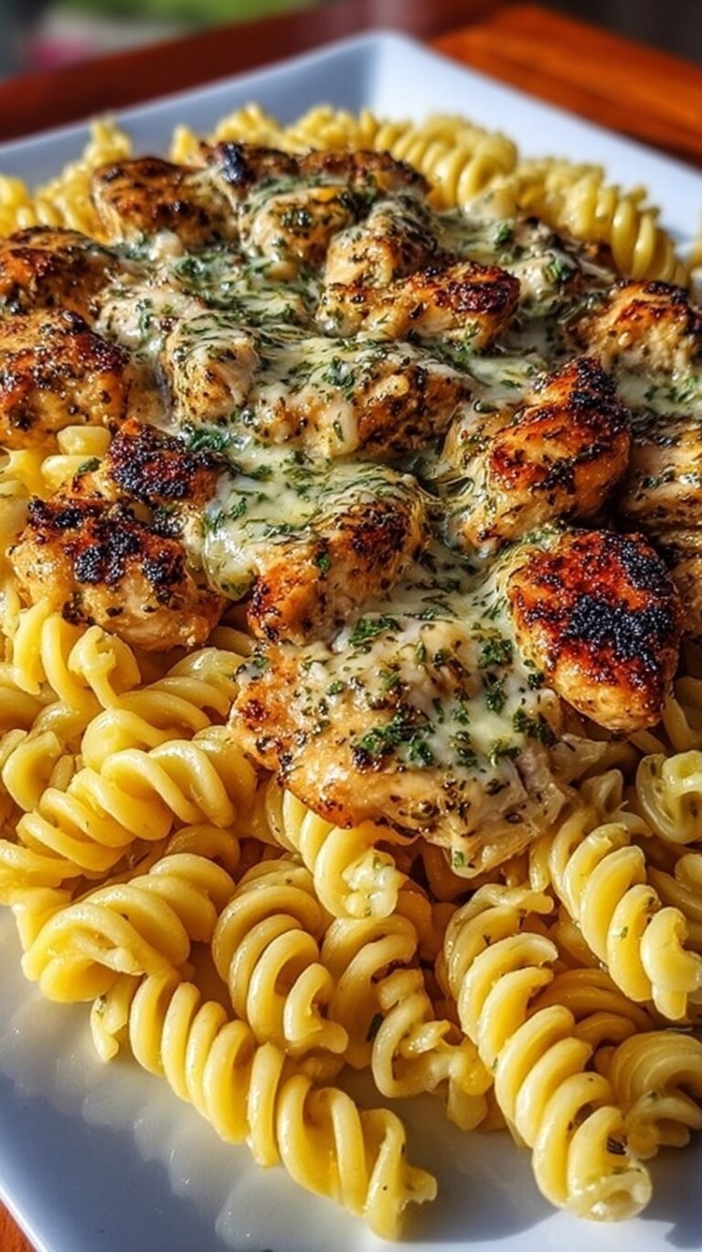 A white bowl filled with creamy garlic parmesan chicken pasta and rotini garnished with fresh parsley