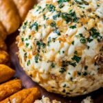 A savory cheese ball coated in toasted pecans on a serving platter with crackers