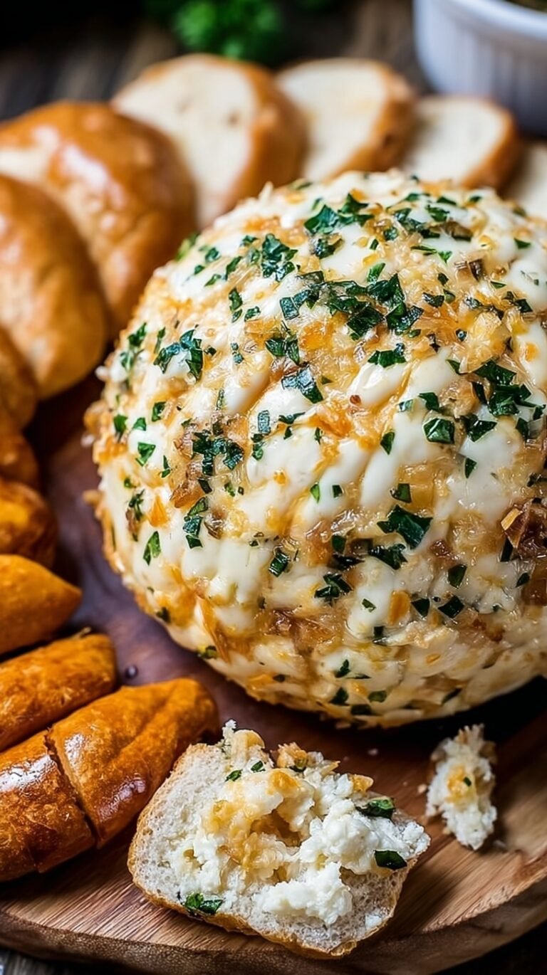 A savory cheese ball coated in toasted pecans on a serving platter with crackers