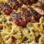 A skillet filled with creamy Cajun chicken bowtie pasta topped with melted cheese and fresh parsley.